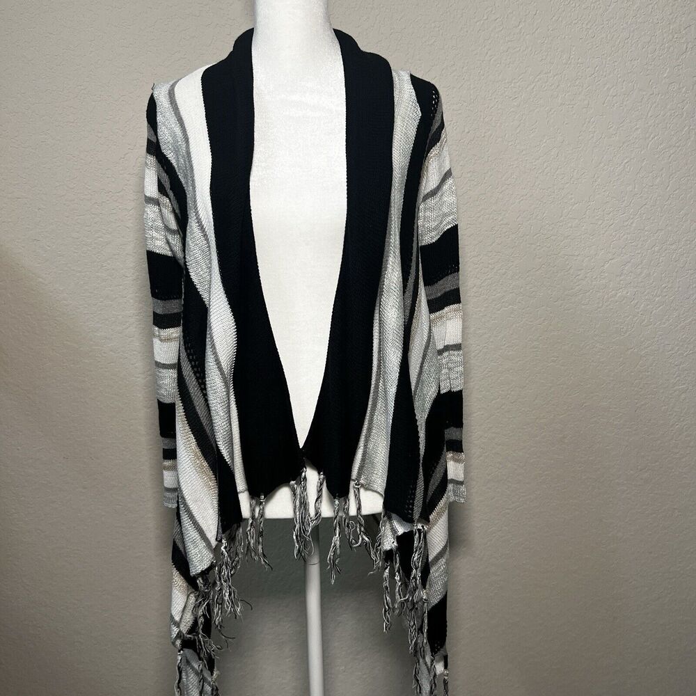 Unbranded Black & White Open Front Cascading Fringe Cardigan - One Size